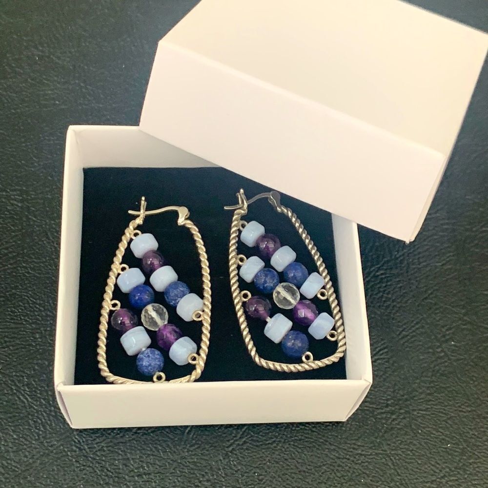 QVC HUEtopia Sterling Silver Gemstone Beaded Hoop Earrings